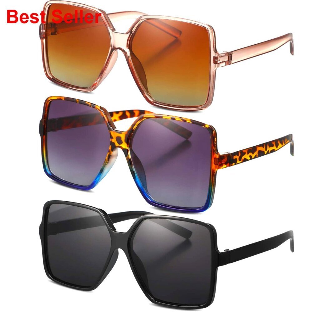 3 Pairs Oversized Square Sunglasses Vintage Wide Frame Unisex Shades